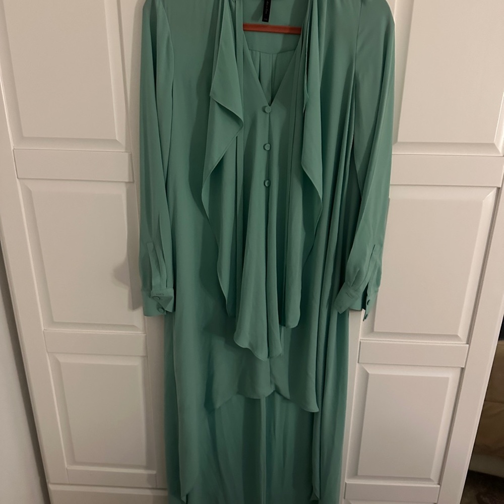 BCBGMaxAzria Green Bishop Sleeve Cowl Neck Gown